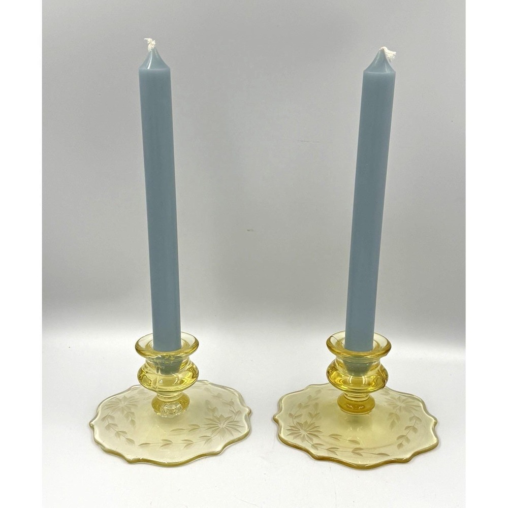 Vintage 1930s Lancaster Glass Jubilee Yellow Candlestick Holders - Pair